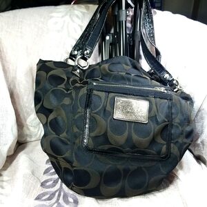 Coach Poppy Purse Black with Grey Accents Purple Lining Zippers Draw Strings